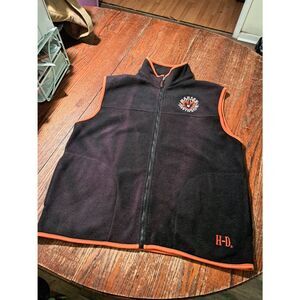 Harley Davidson Men's Size Large Black and Orange Fleece Sleeveless Vest Zip